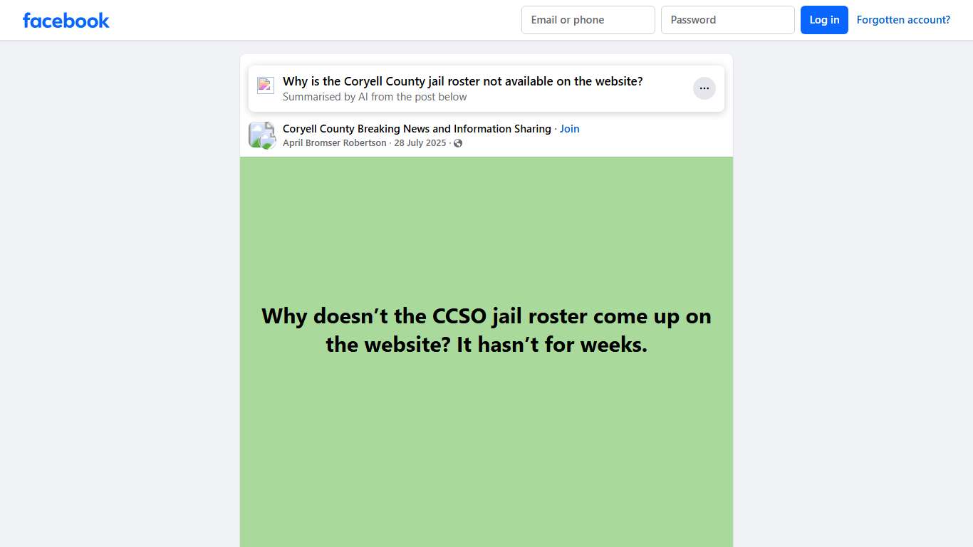 Coryell County Breaking News and Information Sharing | Why doesn’t the CCSO jail roster come up on the website | Facebook